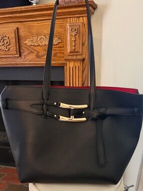 Leather Tote Bag with Gold Hardware - Black (Halston)